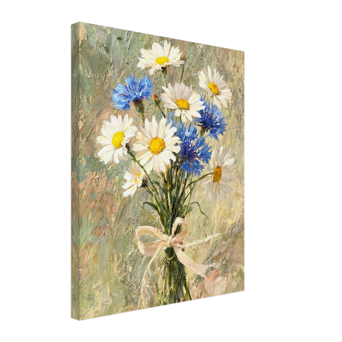 Canvas print of an Impressionist daisy and cornflower bouquet with enhanced texture for an immersive fine art wall experience.