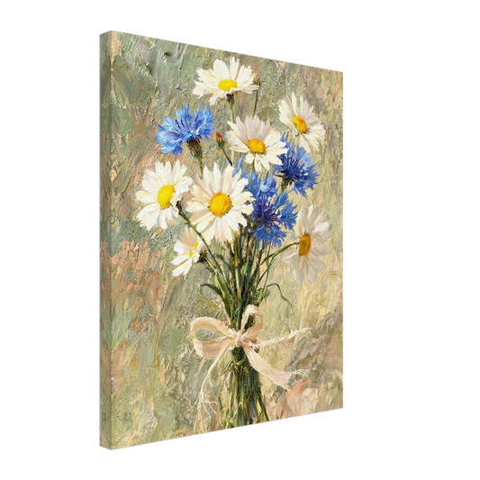 Canvas print of an Impressionist daisy and cornflower bouquet with enhanced texture for an immersive fine art wall experience.