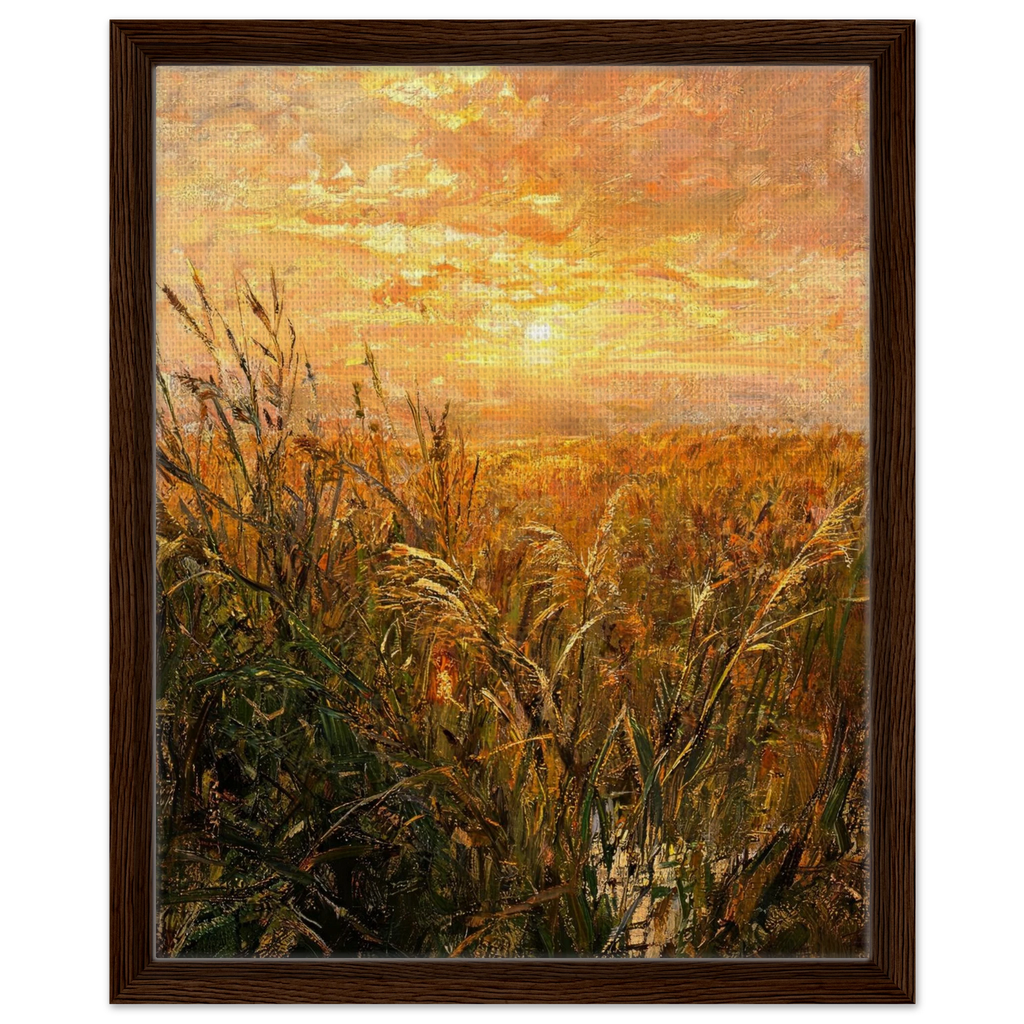 Framed canvas wall art of a radiant golden sunset over a dense, textured field of wild grass and reeds.
