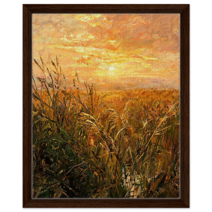 Framed canvas wall art of a radiant golden sunset over a dense, textured field of wild grass and reeds.