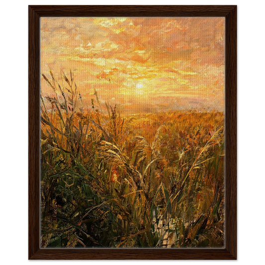 Framed canvas wall art of a radiant golden sunset over a dense, textured field of wild grass and reeds.