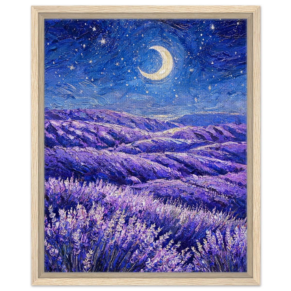 A framed art print depicting a starry night sky with a crescent moon over rolling purple lavender hills and a field of lavender in the foreground, set in a light wood frame.