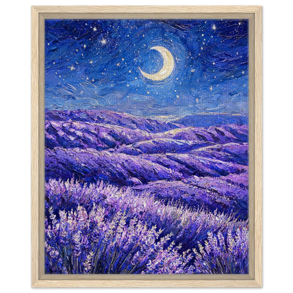 A framed art print depicting a starry night sky with a crescent moon over rolling purple lavender hills and a field of lavender in the foreground, set in a light wood frame.