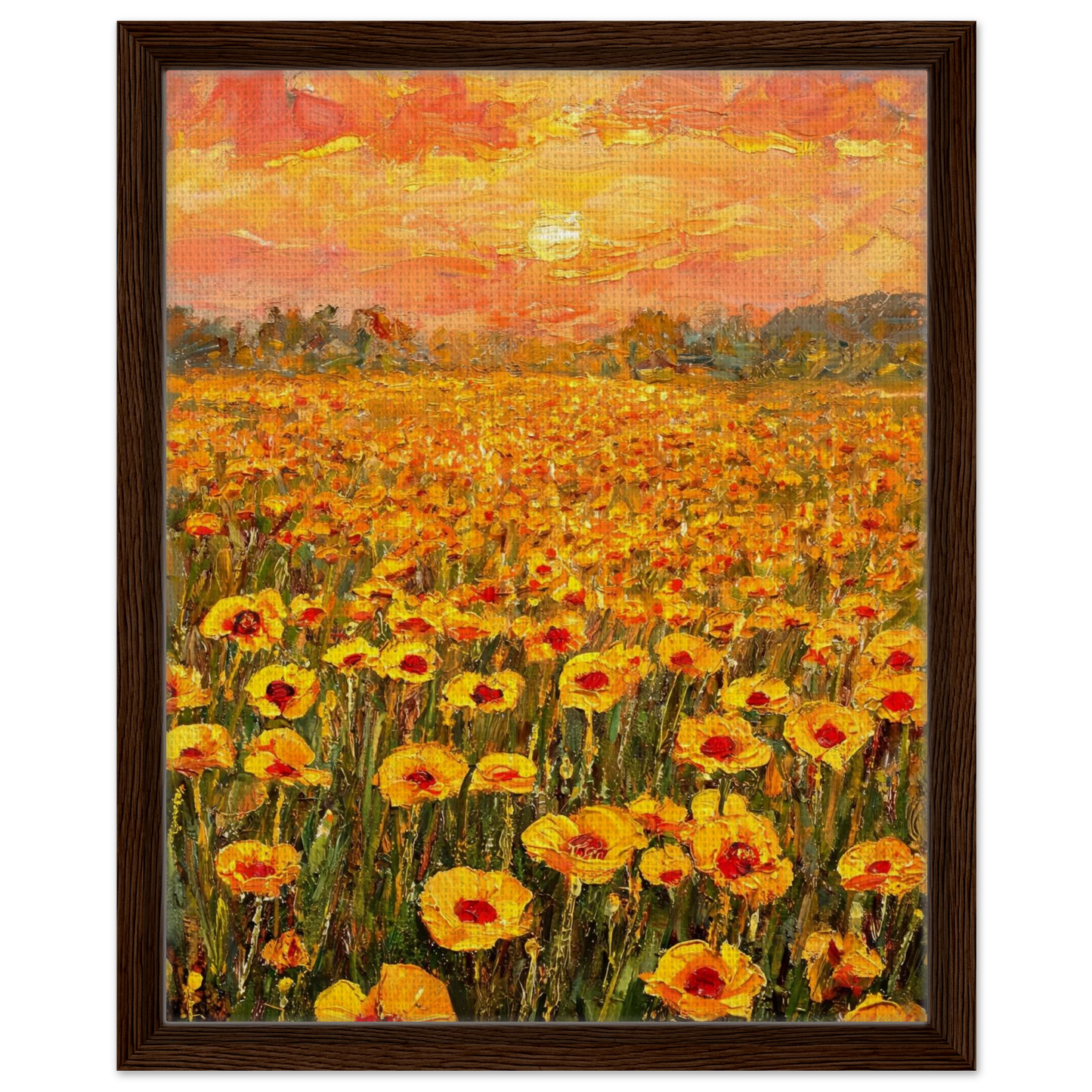 Framed canvas art of a vibrant golden hour sunset over a dense field of yellow and orange flowers.