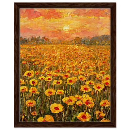 Framed canvas art of a vibrant golden hour sunset over a dense field of yellow and orange flowers.