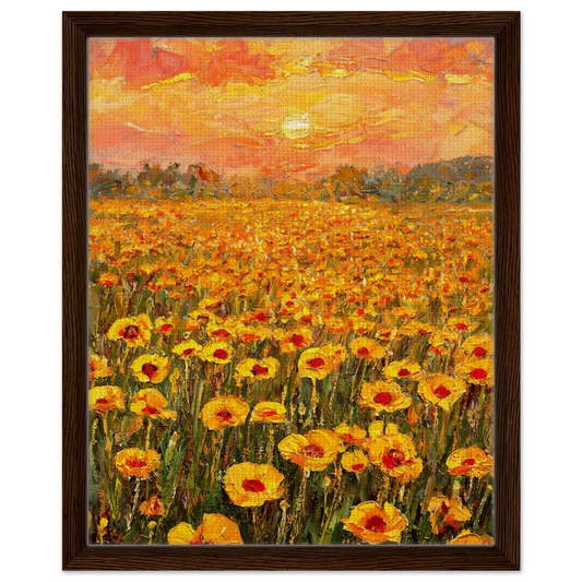 Framed canvas art of a vibrant golden hour sunset over a dense field of yellow and orange flowers.