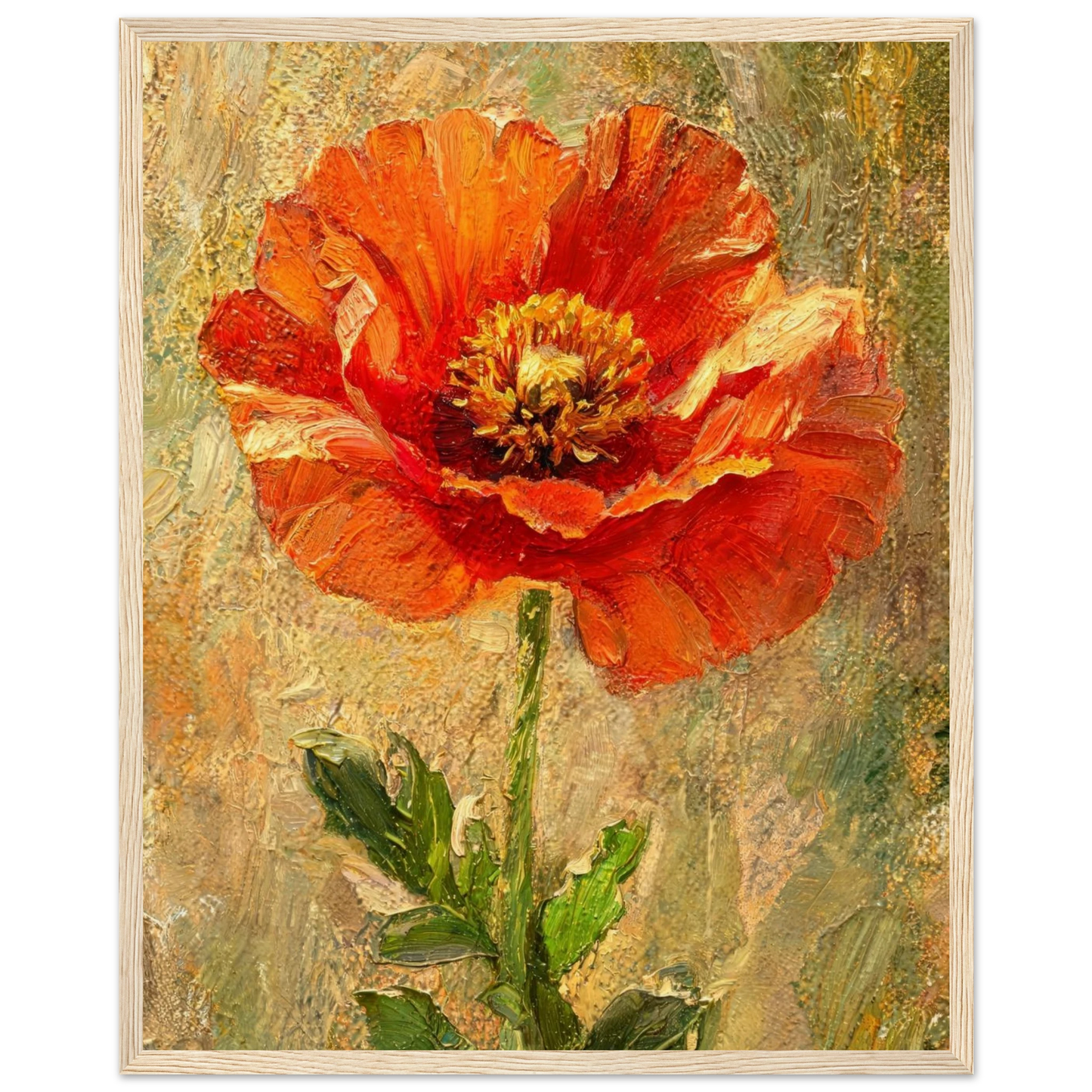 A framed painting of a single large red-orange poppy flower with green leaves on a textured beige and olive background, shown in a light wood frame against a white backdrop.