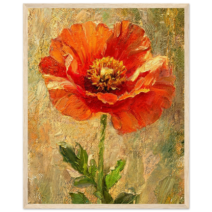 A framed painting of a single large red-orange poppy flower with green leaves on a textured beige and olive background, shown in a light wood frame against a white backdrop.