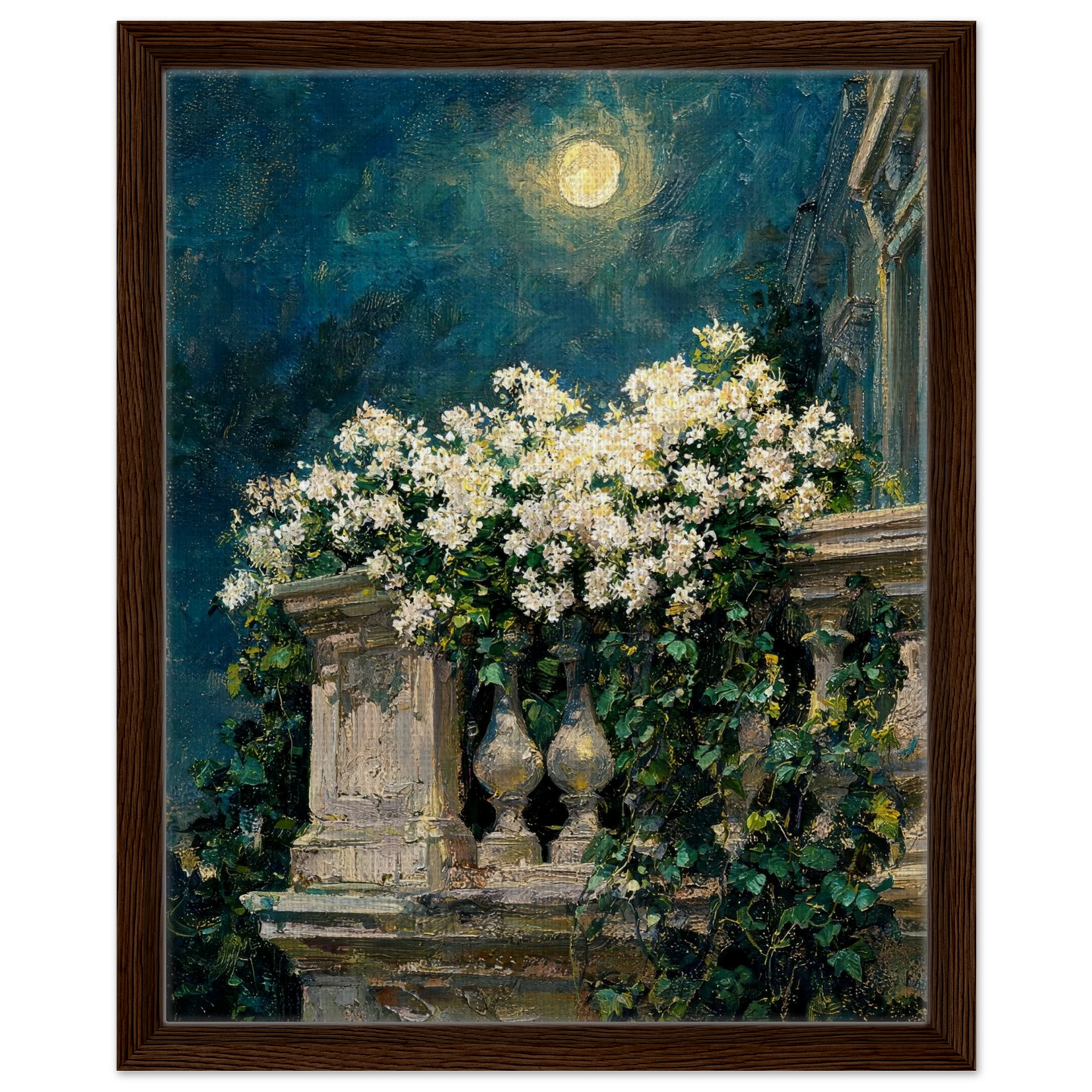 Moonlit Balcony Blooms floating frame canvas wall decor by Vintstep