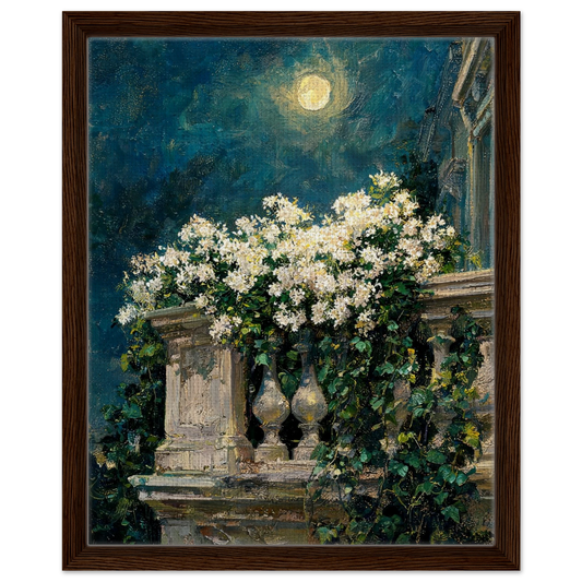 Moonlit Balcony Blooms floating frame canvas wall decor by Vintstep
