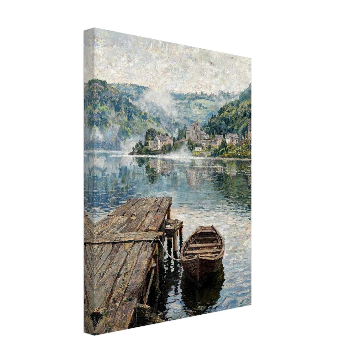A gallery-wrapped canvas print featuring an impressionist landscape painting of a quiet lakeside village with a wooden dock and rowboat, shown at an angle against a plain white background.