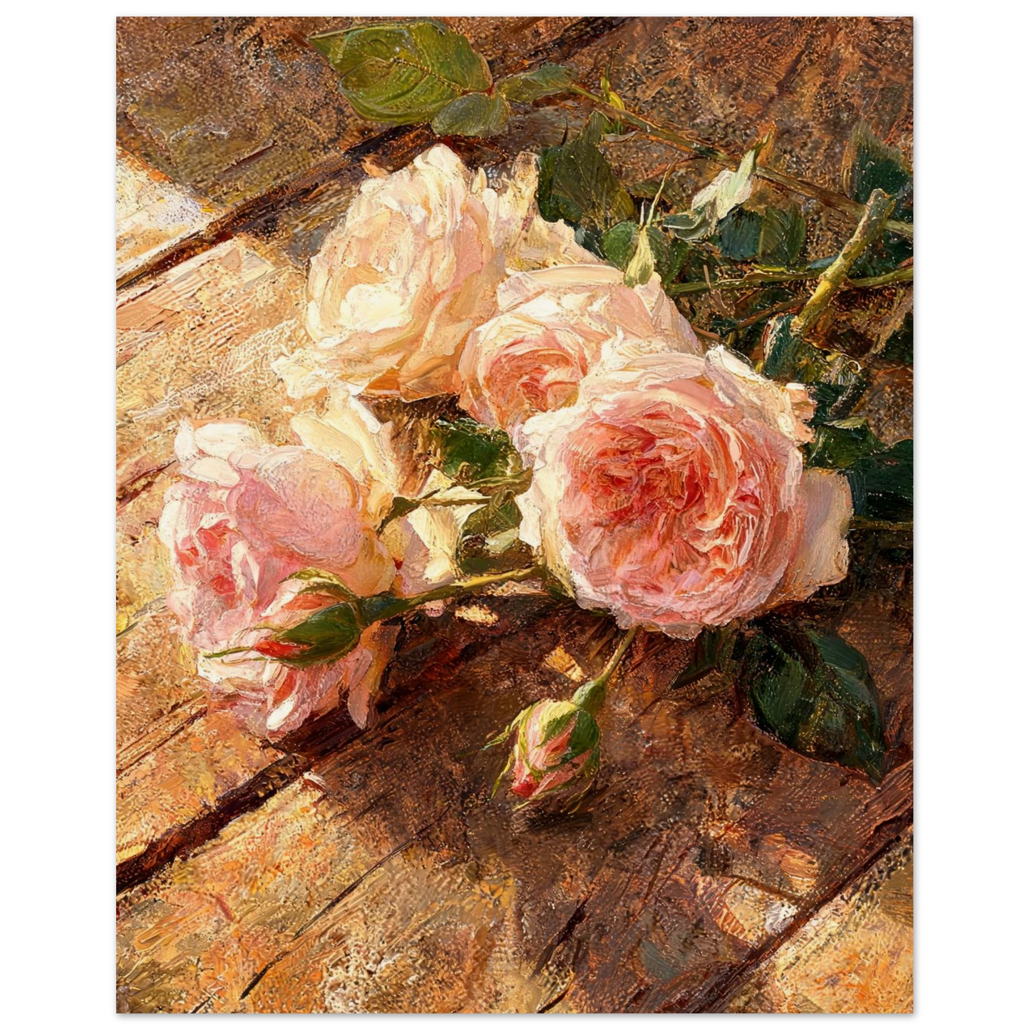 Fine art print of an Impressionist peach rose arrangement on a rustic wooden background, featuring rich oil painting textures.
