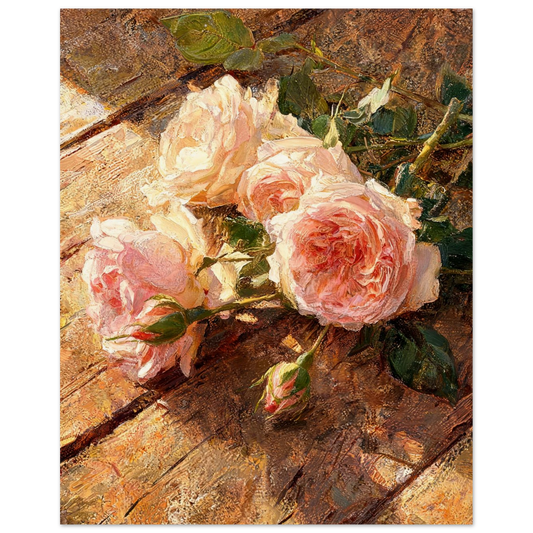 Fine art print of an Impressionist peach rose arrangement on a rustic wooden background, featuring rich oil painting textures.