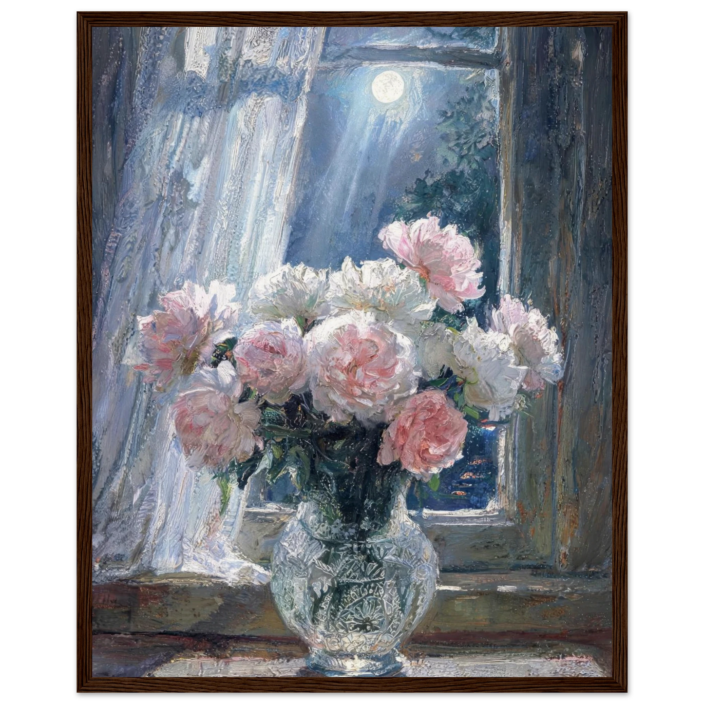 Moonlit Peony Window ready-to-hang wooden framed poster by Vintstep
