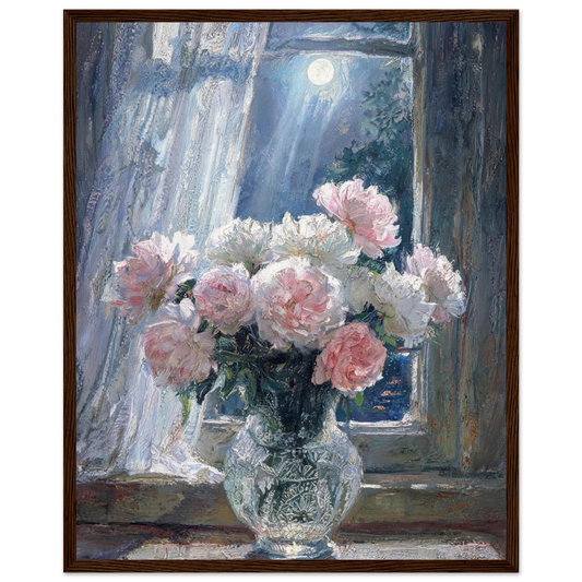 Moonlit Peony Window ready-to-hang wooden framed poster by Vintstep
