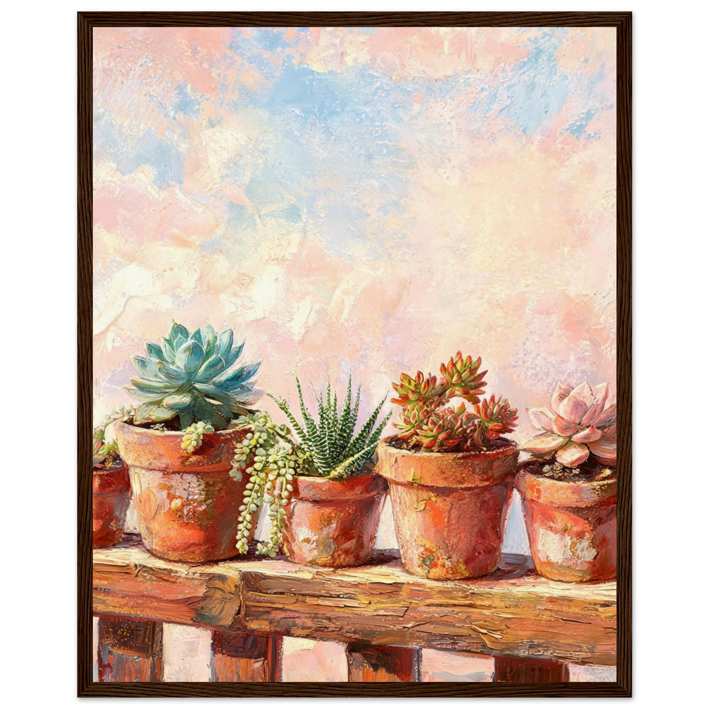 Wooden framed fine art print of potted succulents on a wooden ledge and pastel sky, ready to hang.