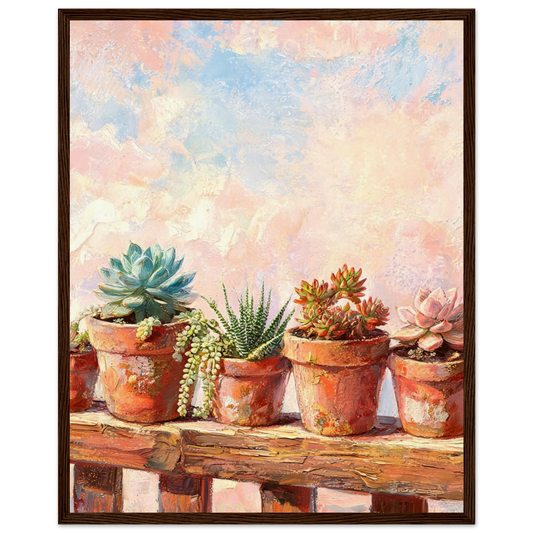 Wooden framed fine art print of potted succulents on a wooden ledge and pastel sky, ready to hang.