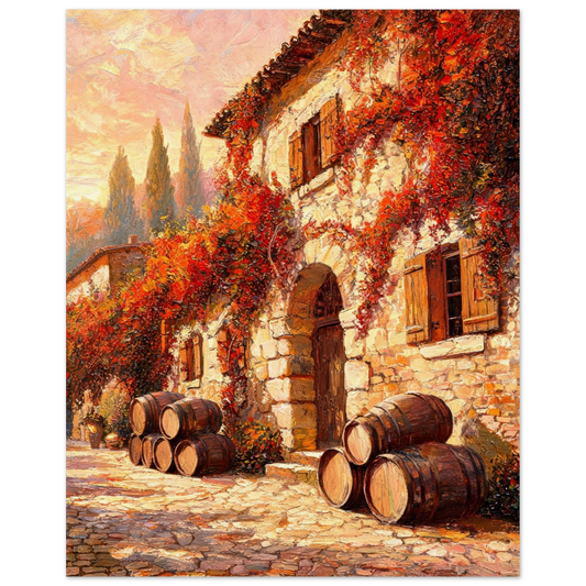 A warm-toned painting of a rustic stone building with red and orange ivy, wooden shutters, a cobblestone street, and stacked wine barrels in the foreground.