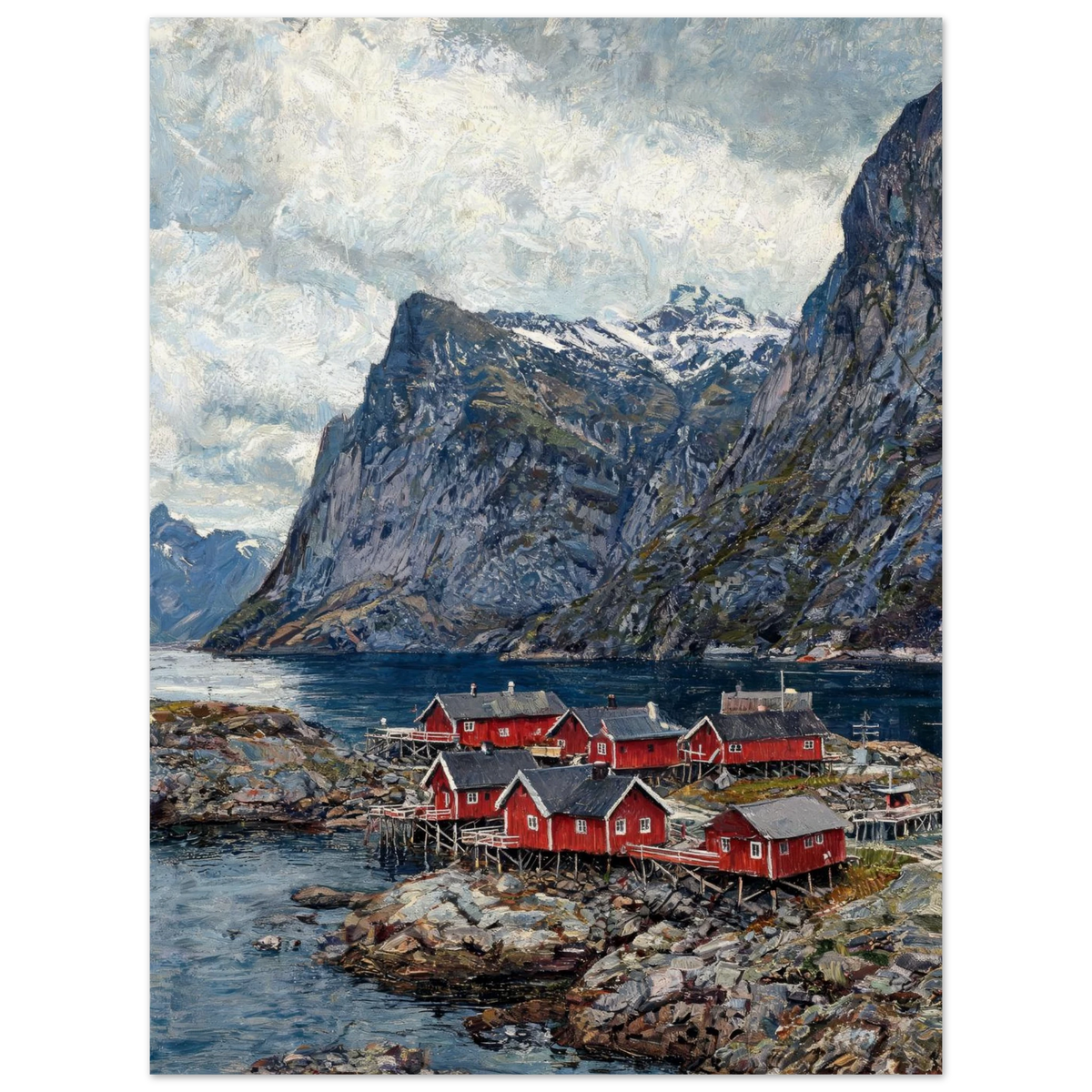 A scenic landscape painting of a Norwegian fjord with red houses on stilts, rocky shorelines, and steep mountains under a cloudy sky.