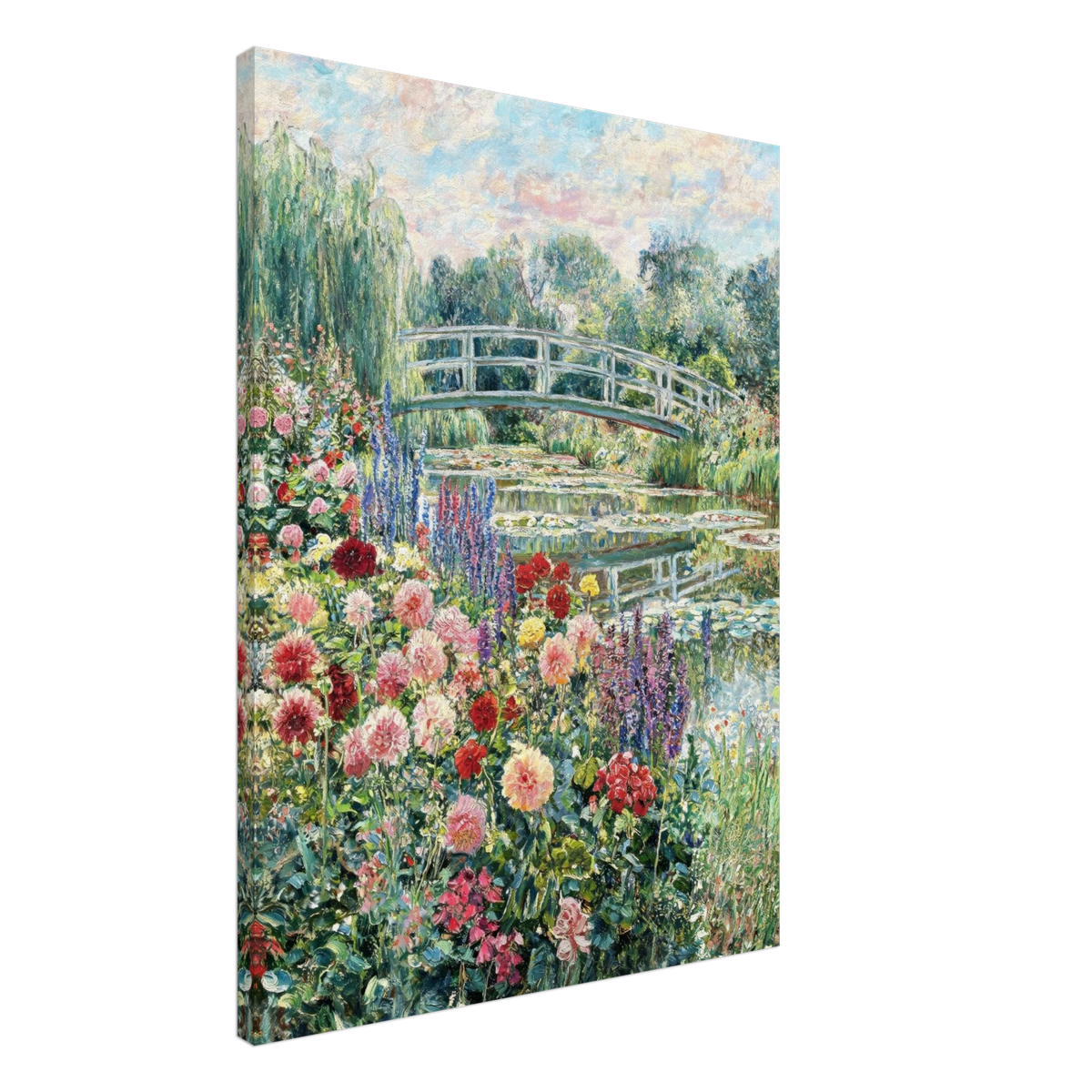 A vertical canvas wall art print depicting a Monet-style garden scene with a white arched bridge over water, surrounded by lush green foliage and colorful flowers in pink, red, yellow, and purple, shown at a three-quarter angle on a white background.
