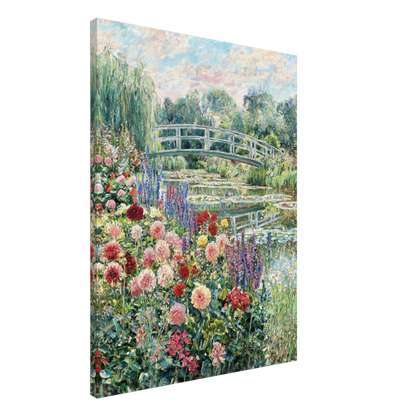 A vertical canvas wall art print depicting a Monet-style garden scene with a white arched bridge over water, surrounded by lush green foliage and colorful flowers in pink, red, yellow, and purple, shown at a three-quarter angle on a white background.