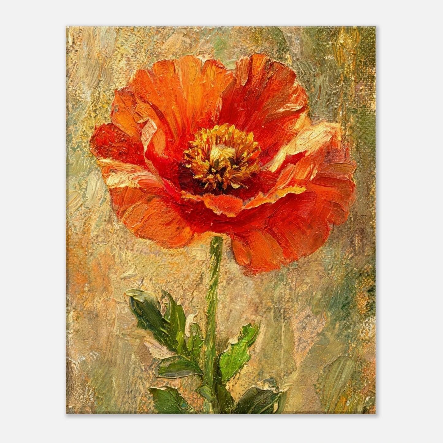 An impressionistic painting of a single red-orange poppy flower with green leaves on a textured beige and olive background, shown as a vertical canvas print against a light gray backdrop.