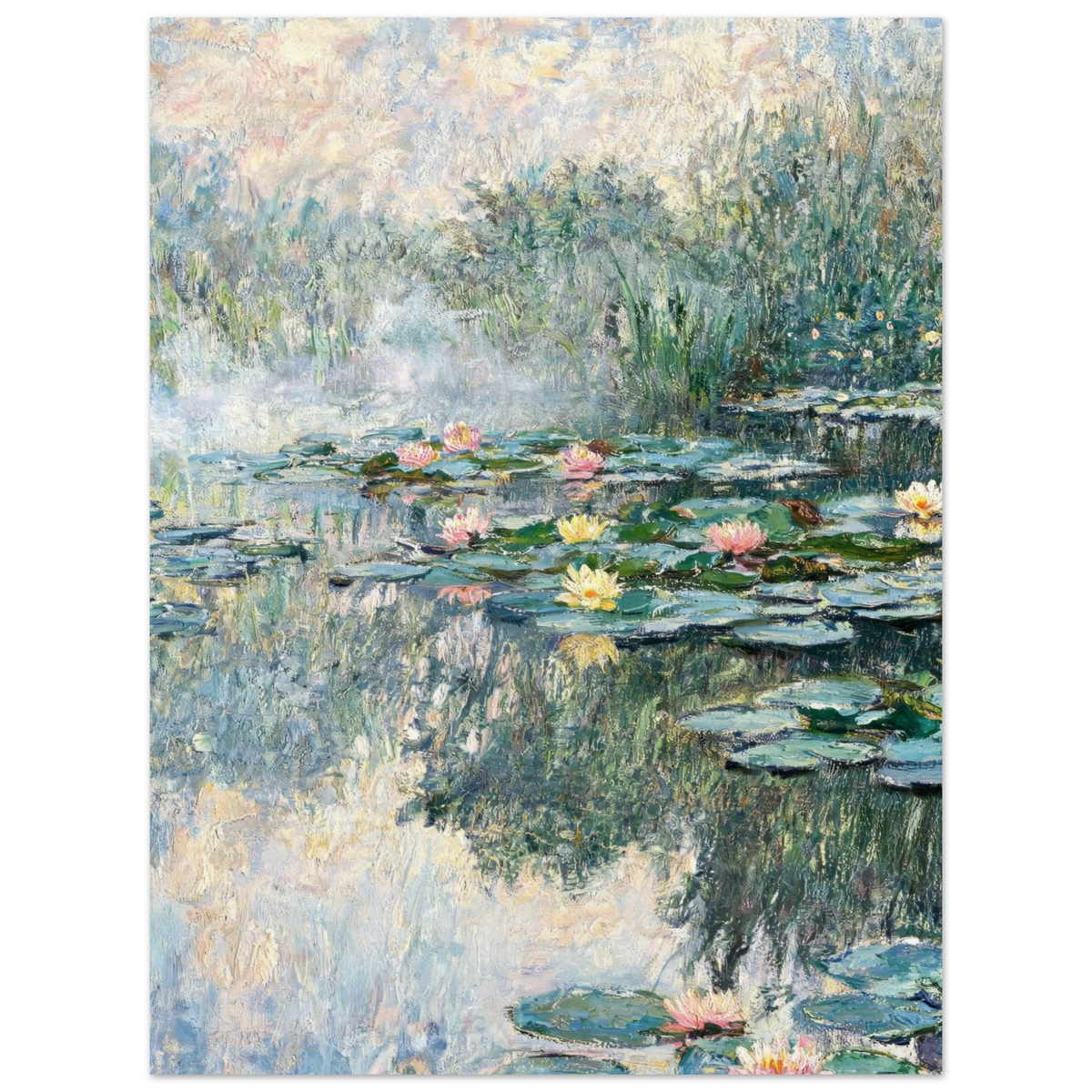 Impressionist-style painting of a pond with water lilies, featuring green and blue-green lily pads, pink and yellow flowers, reeds, and reflective water under soft light.