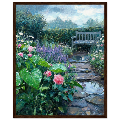 Rainy Garden Bench and Stone Path Wooden Framed Poster | Vintstep