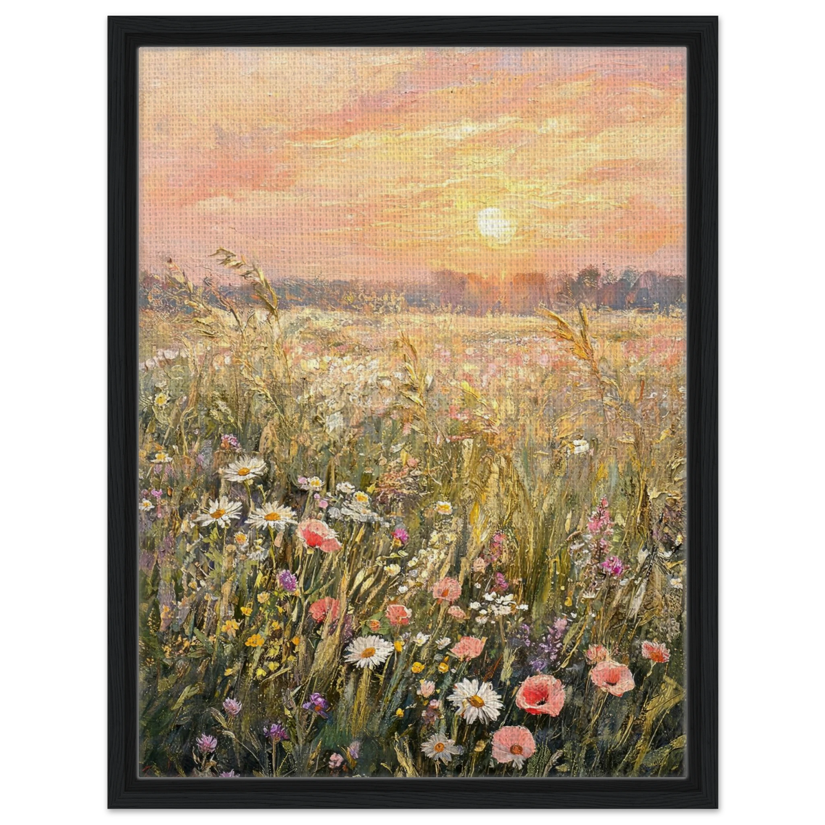 A framed canvas art print depicting a vibrant wildflower meadow at sunset, featuring a black frame and a clean white background.
