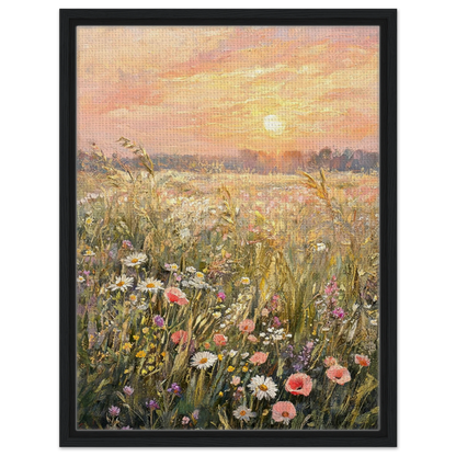 A framed canvas art print depicting a vibrant wildflower meadow at sunset, featuring a black frame and a clean white background.