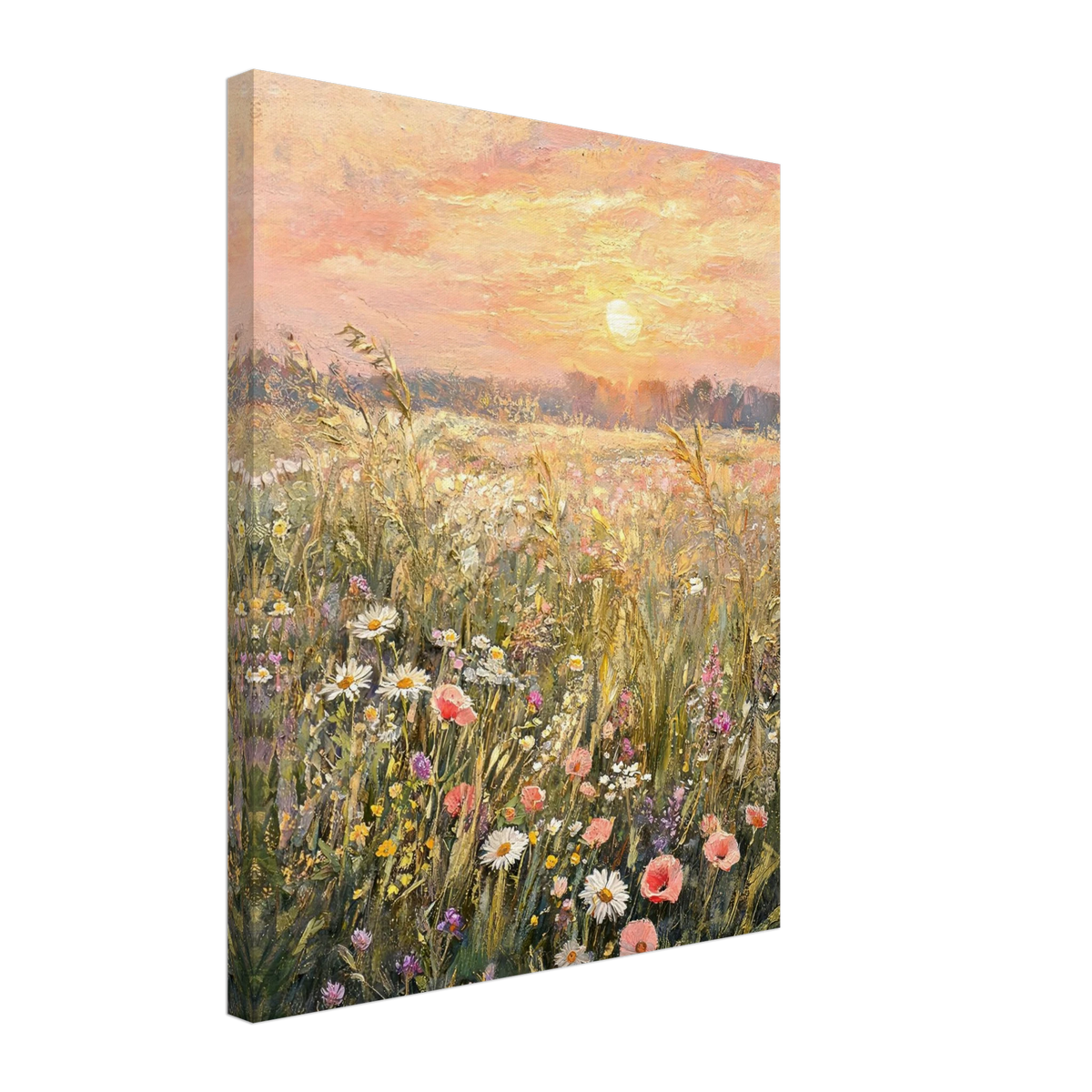 Canvas print of an Impressionist sunset wildflower meadow with enhanced texture for an immersive fine art wall experience.