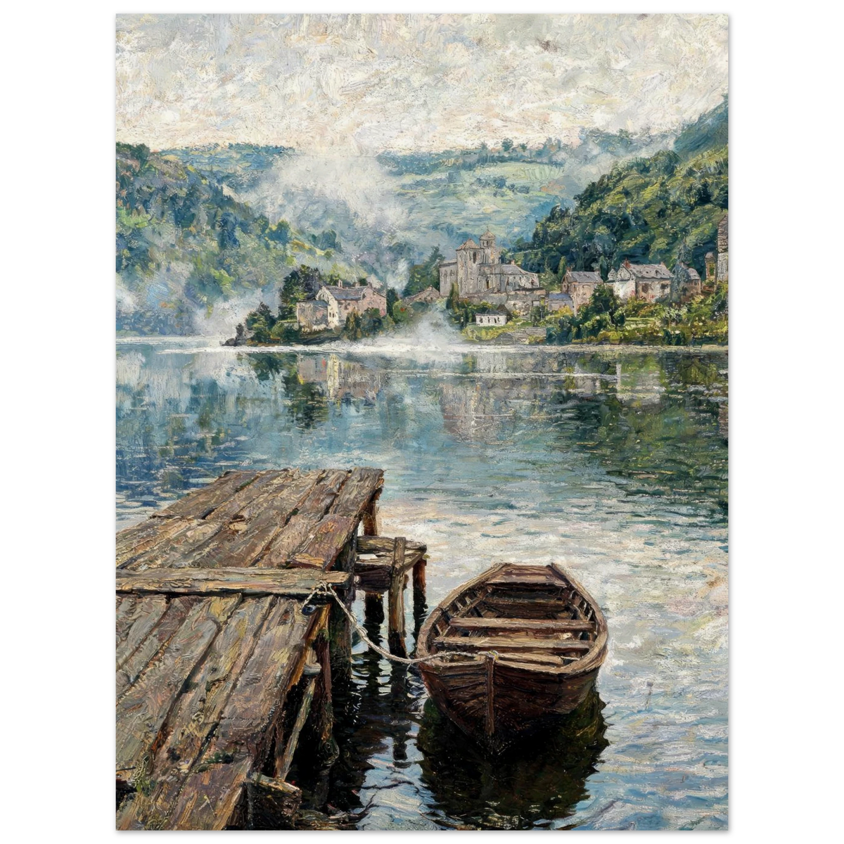 Impressionist-style painting of a calm lake with a wooden dock in the foreground, a small rowboat moored at the water, and a village nestled among green hills under a misty sky.
