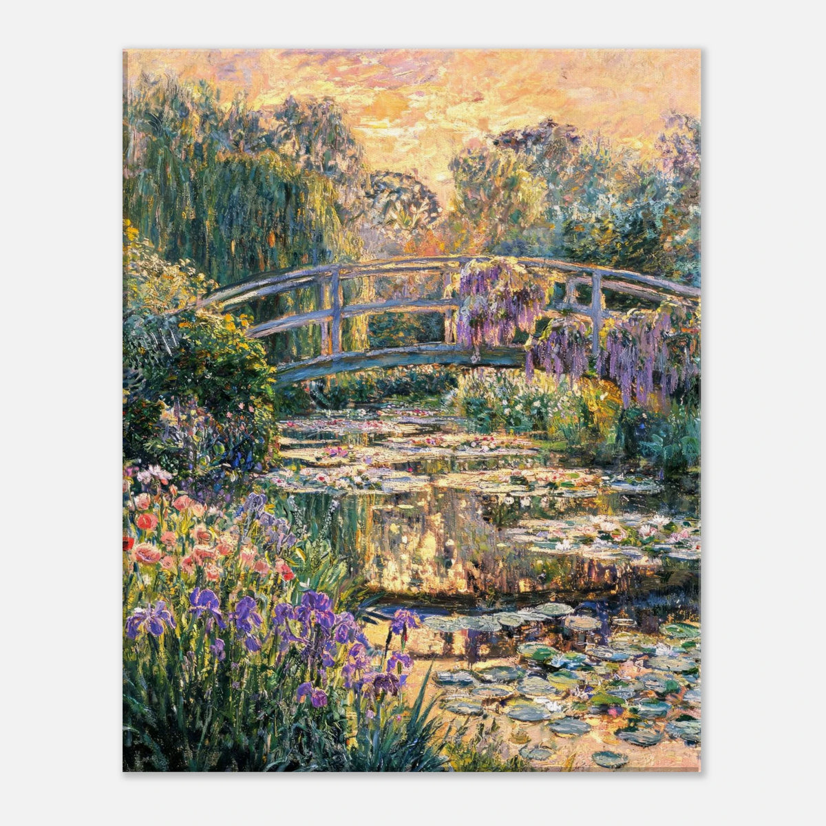 Claude Monet's Garden of the Dead print featuring a wooden bridge over water lilies with purple wisteria and irises in the foreground, shown as a vertical canvas print against a light gray background.
