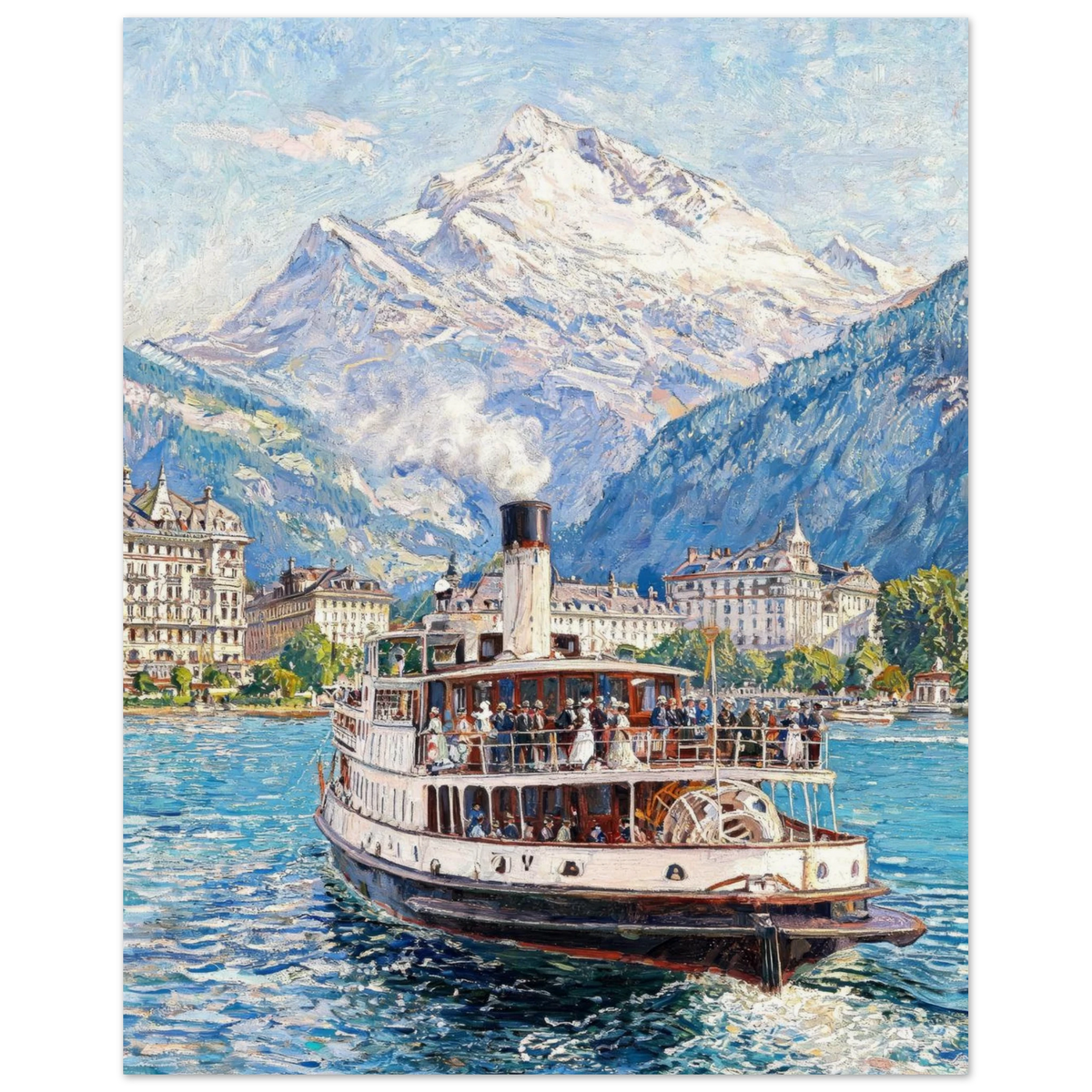 Impressionist-style painting of a passenger steamboat on a blue lake with mountains, buildings, and trees in the background.