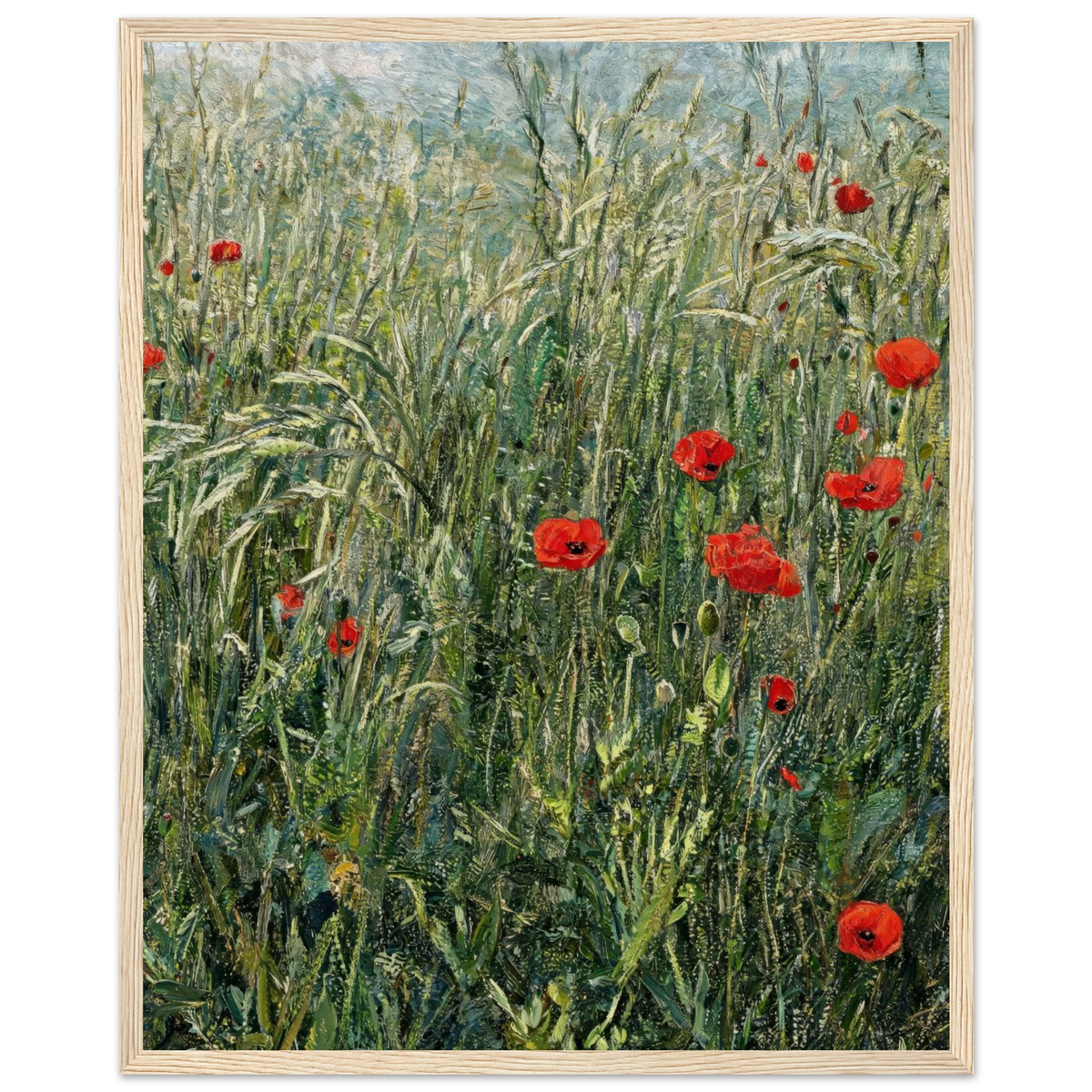 Framed impressionist-style painting of a grassy field with scattered red poppies, shown in a light wood frame against a white background.