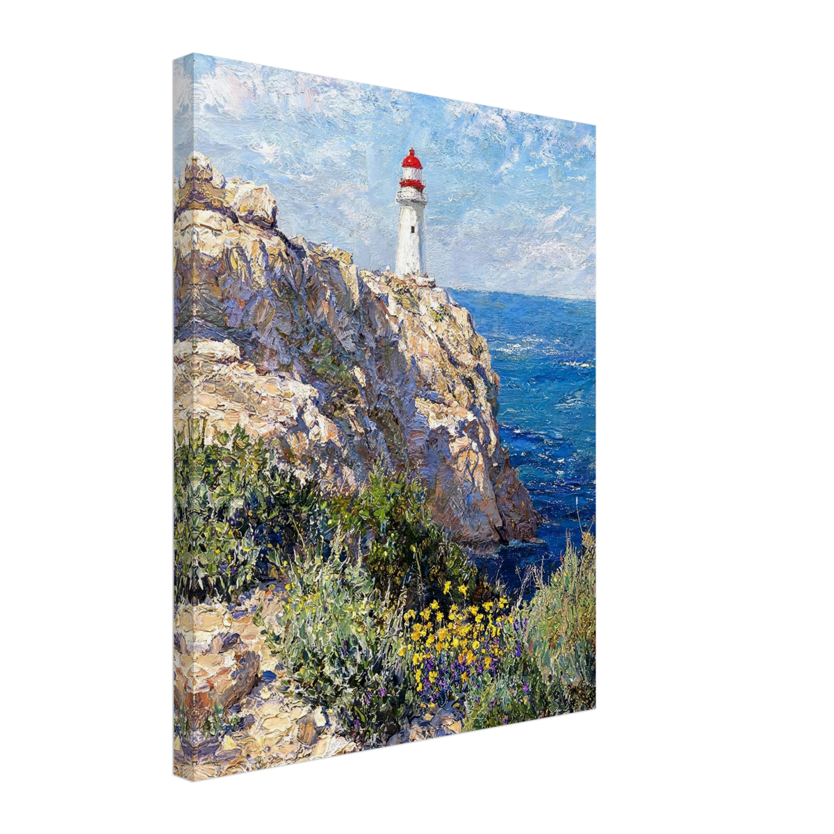 Premium canvas print featuring a textured impressionist oil painting of a coastal lighthouse on cliffs with blue sea and wildflowers