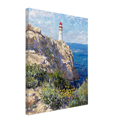 Premium canvas print featuring a textured impressionist oil painting of a coastal lighthouse on cliffs with blue sea and wildflowers