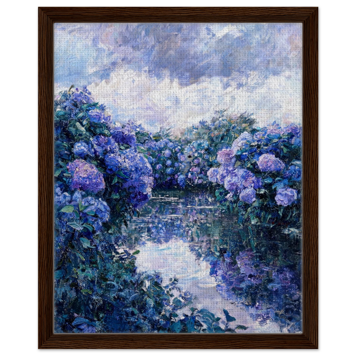 Premium framed canvas print of a lush blue hydrangea riverbank landscape and soft sky.