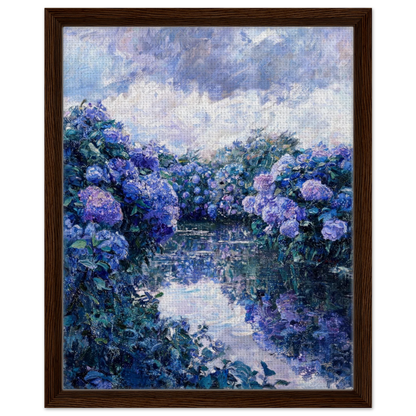 Premium framed canvas print of a lush blue hydrangea riverbank landscape and soft sky.