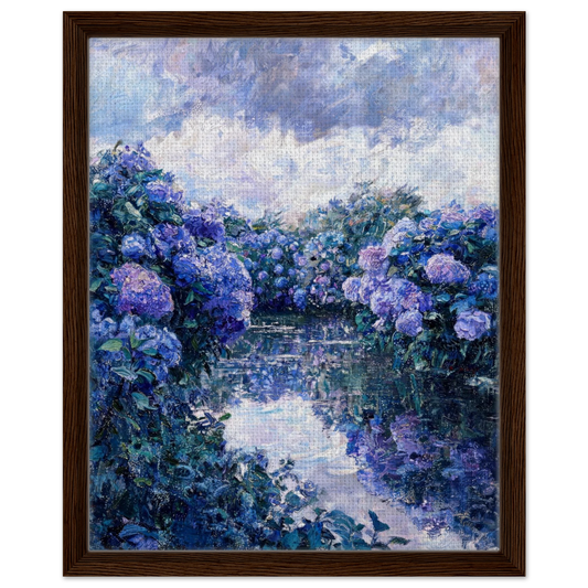 Premium framed canvas print of a lush blue hydrangea riverbank landscape and soft sky.