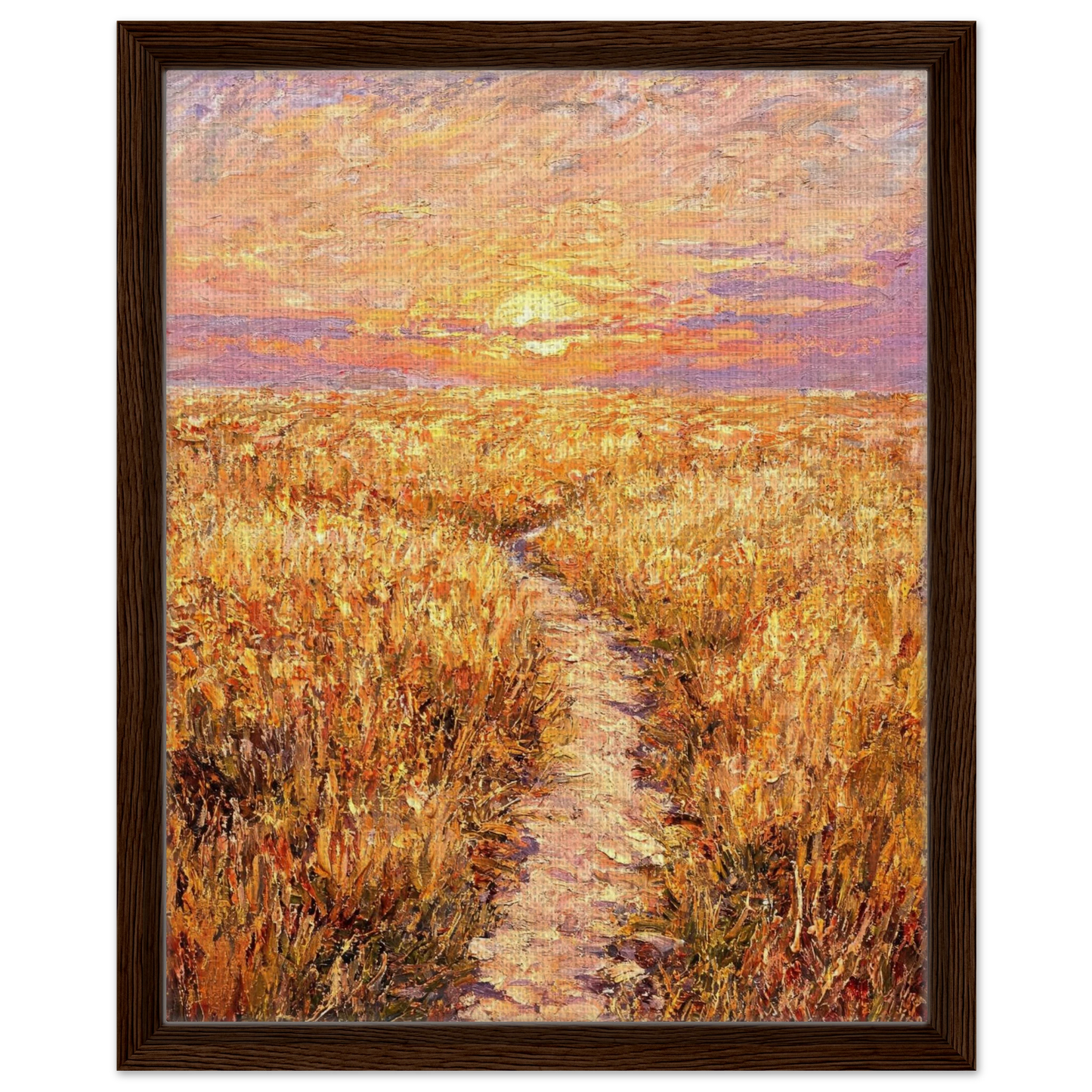 Framed canvas wall art showing a textured path winding through a radiant, sun-kissed meadow.