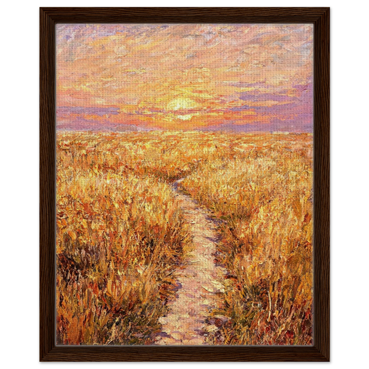 Framed canvas wall art showing a textured path winding through a radiant, sun-kissed meadow.