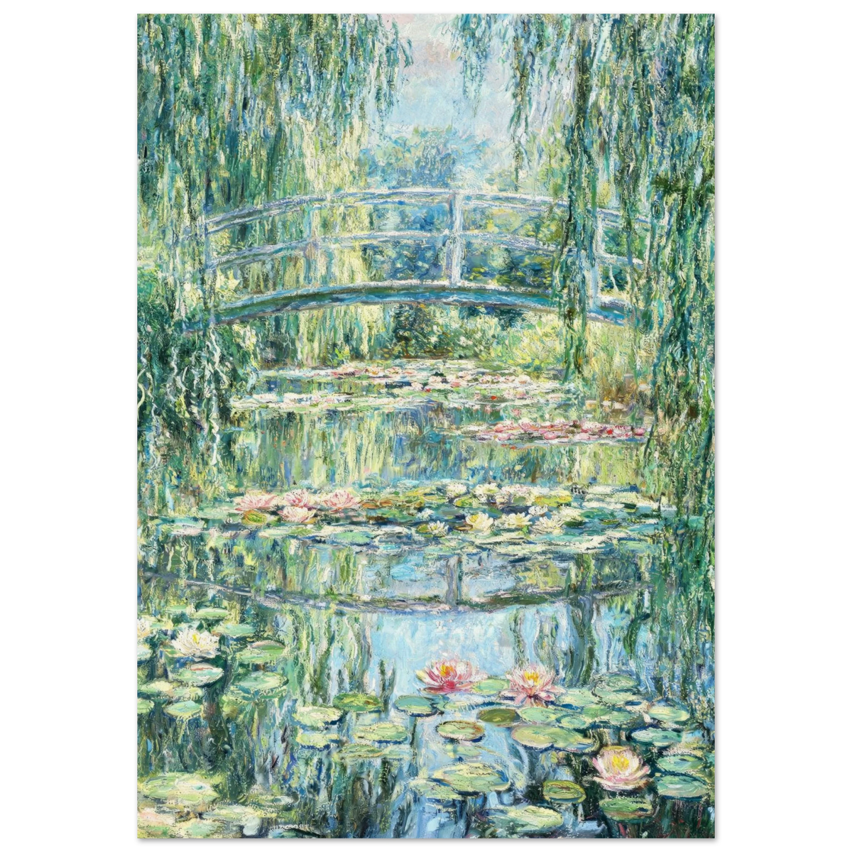 Claude Monet's Weeping Willows and Water Lilies painting print, featuring a white arched bridge over a pond filled with green lily pads and pink water lilies under hanging willow trees.