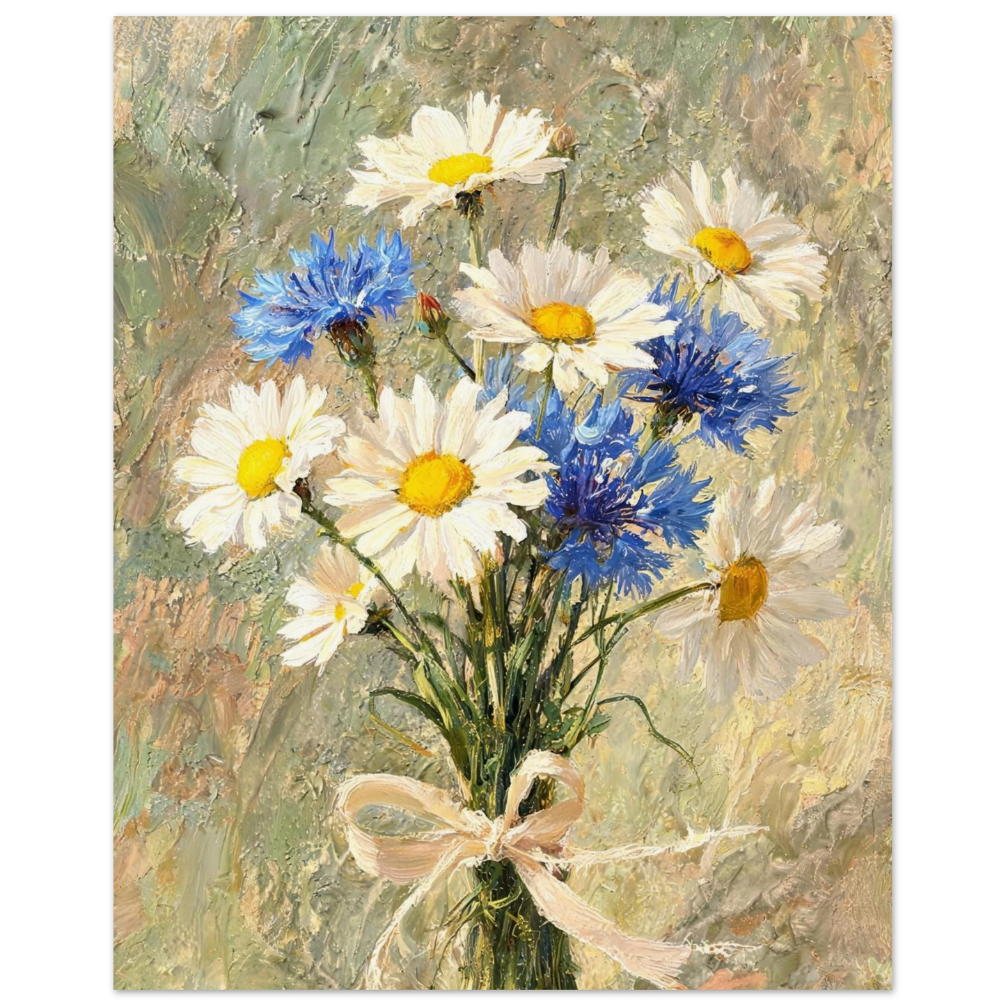 Fine art print of an Impressionist daisy and cornflower bouquet tied with a ribbon, featuring rich oil painting textures.