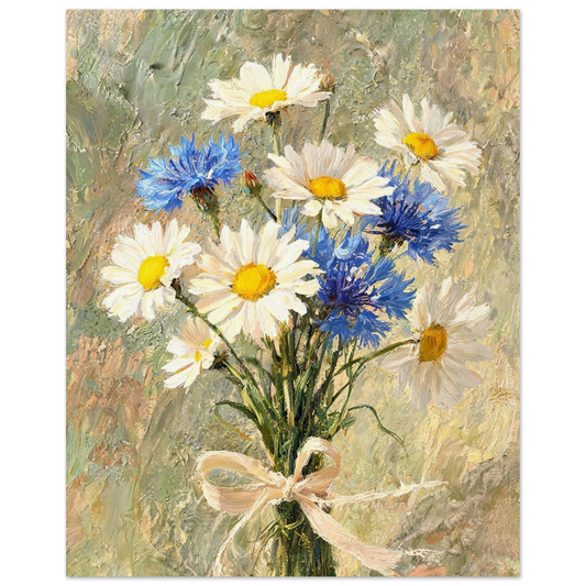 Fine art print of an Impressionist daisy and cornflower bouquet tied with a ribbon, featuring rich oil painting textures.
