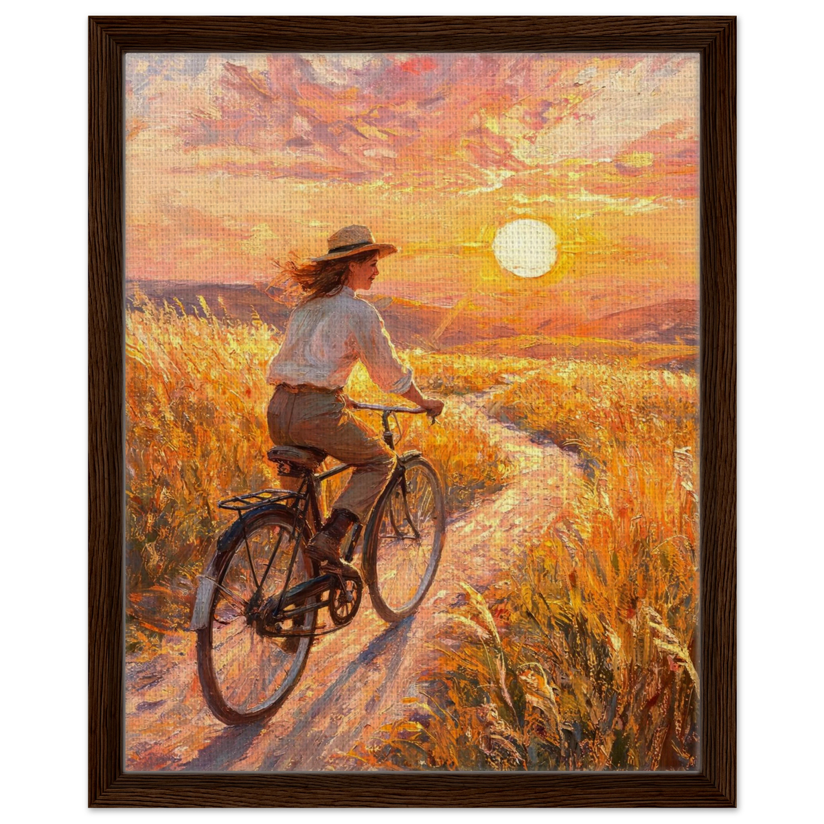 Framed canvas wall art capturing a vibrant impressionist scene of a bicycle ride through a glowing sunset meadow.