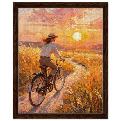 Framed canvas wall art capturing a vibrant impressionist scene of a bicycle ride through a glowing sunset meadow.