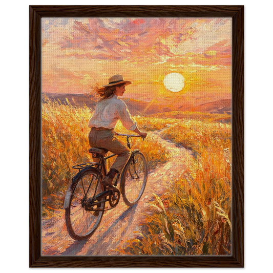 Framed canvas wall art capturing a vibrant impressionist scene of a bicycle ride through a glowing sunset meadow.