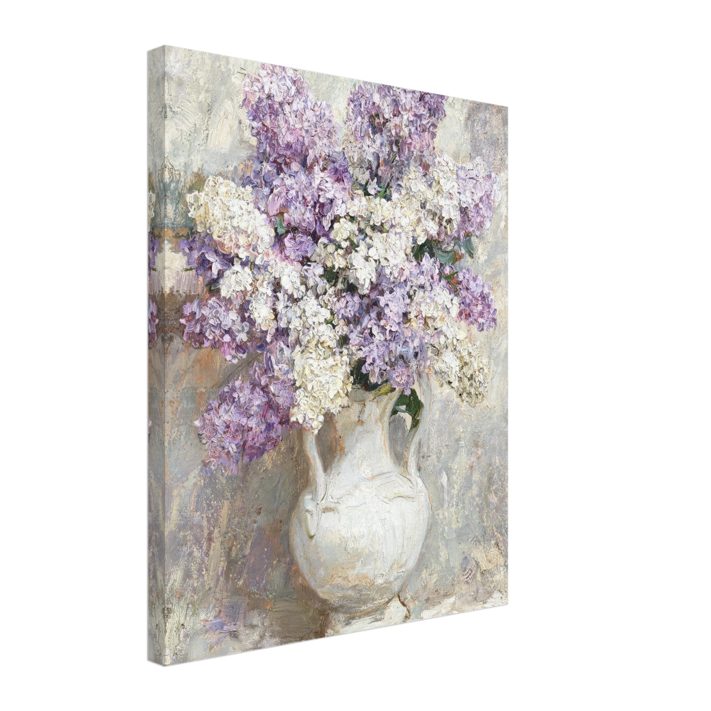 Canvas print of an Impressionist lilac bouquet in a white vase with enhanced texture for a classic fine art experience.