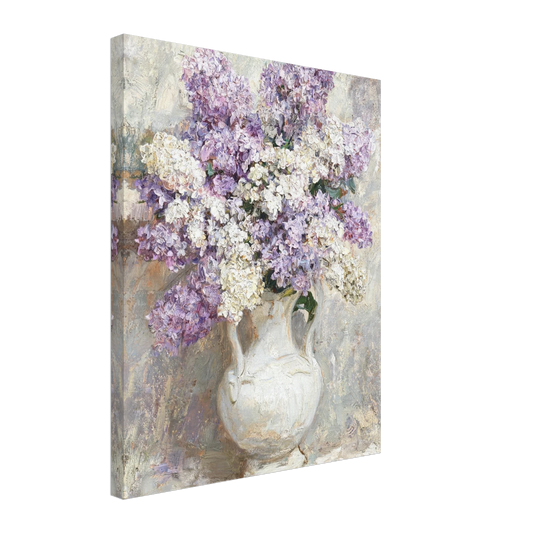 Canvas print of an Impressionist lilac bouquet in a white vase with enhanced texture for a classic fine art experience.